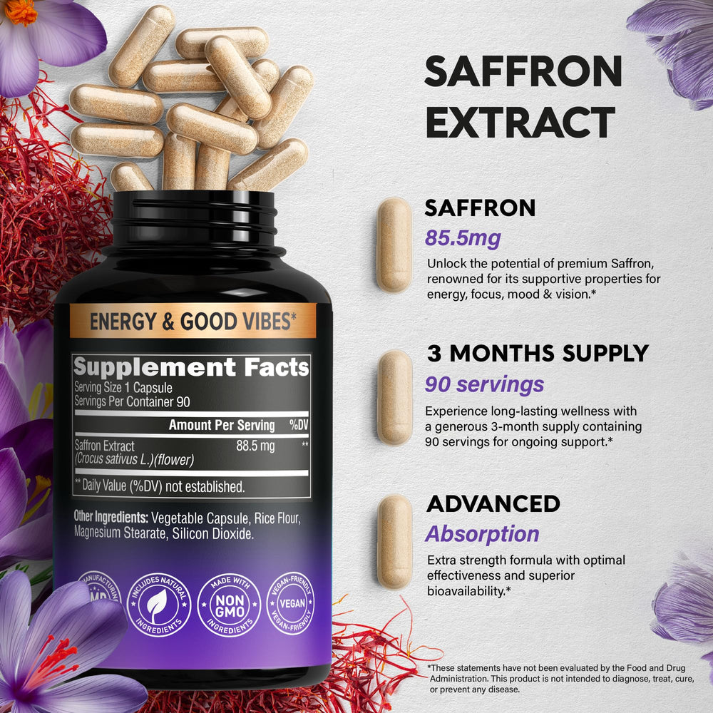 NUTRAHARMONY saffron capsules closeup communicates compact daily wellness.