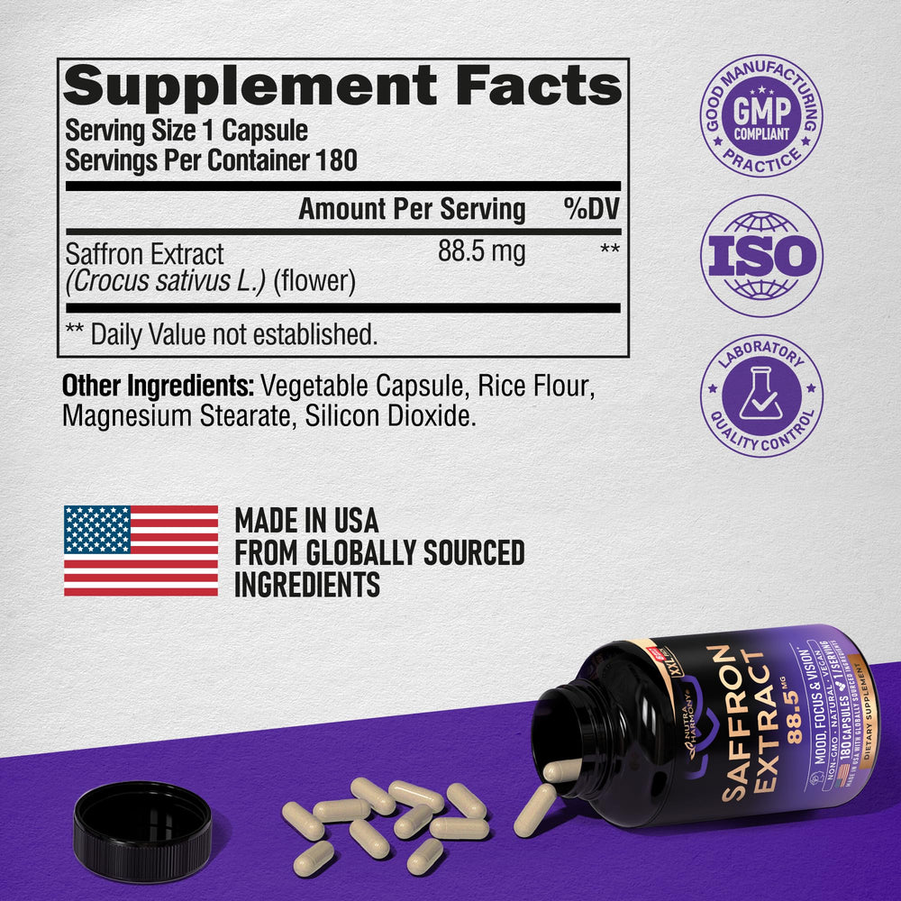 NUTRAHARMONY saffron capsules on desk signaling focus during study or work