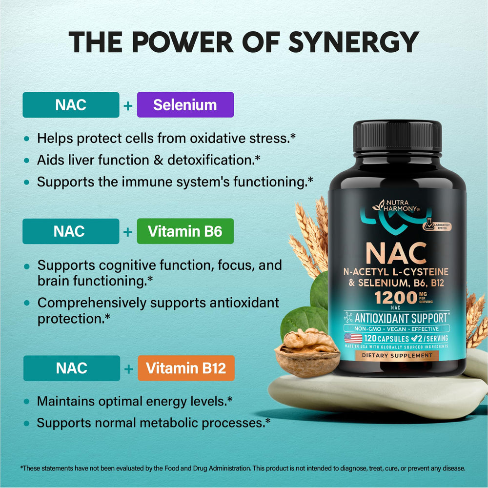 NutraHarmony NAC bottle label shows selenium and B vitamins