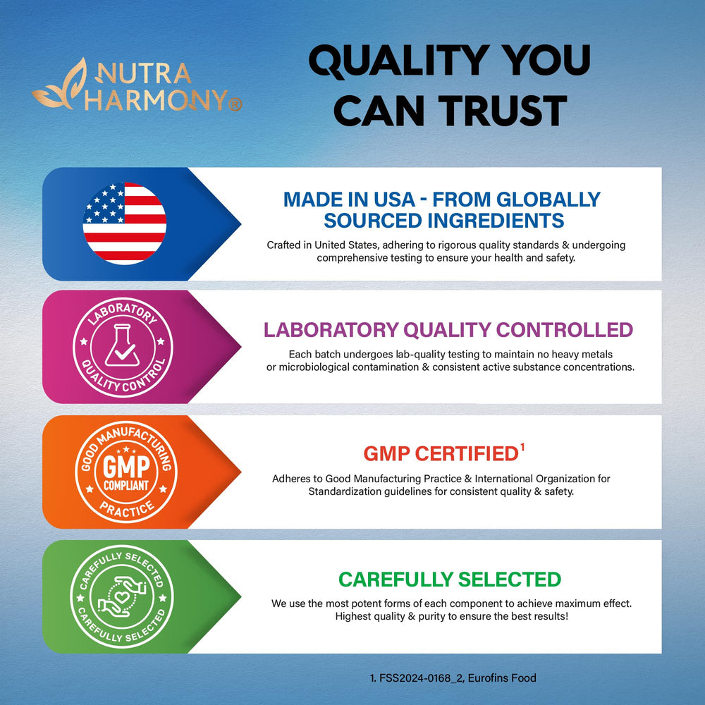Third‑party testing seal visible on NUTRAHARMONY bottle