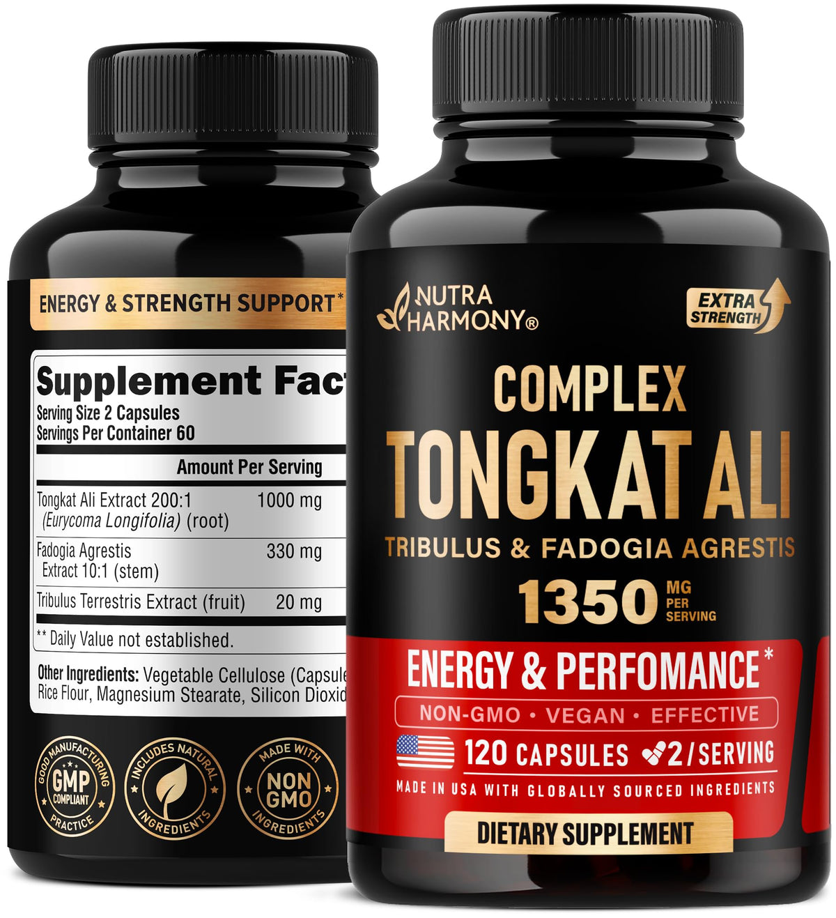 NUTRAHARMONY Tongkat Ali 1350mg bottle front highlighting potency for energy support
