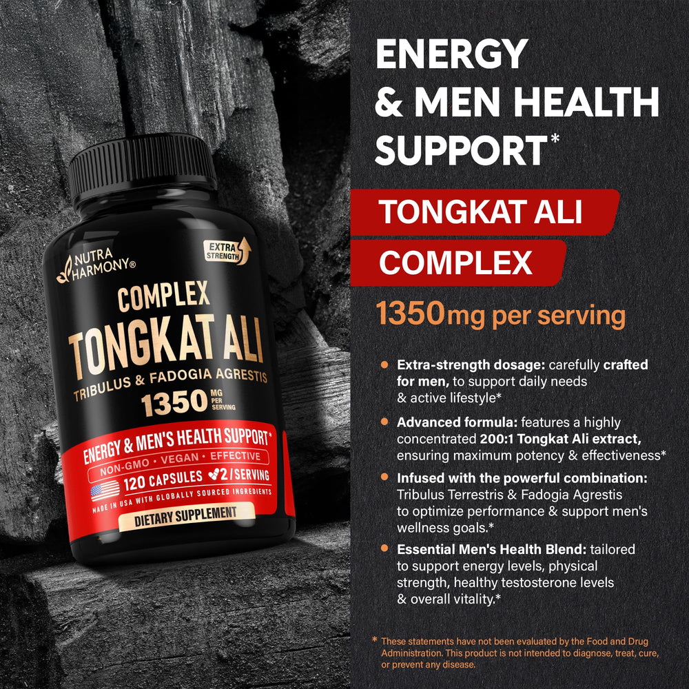 NUTRAHARMONY Tongkat Ali label detail showing 200:1 extract potency