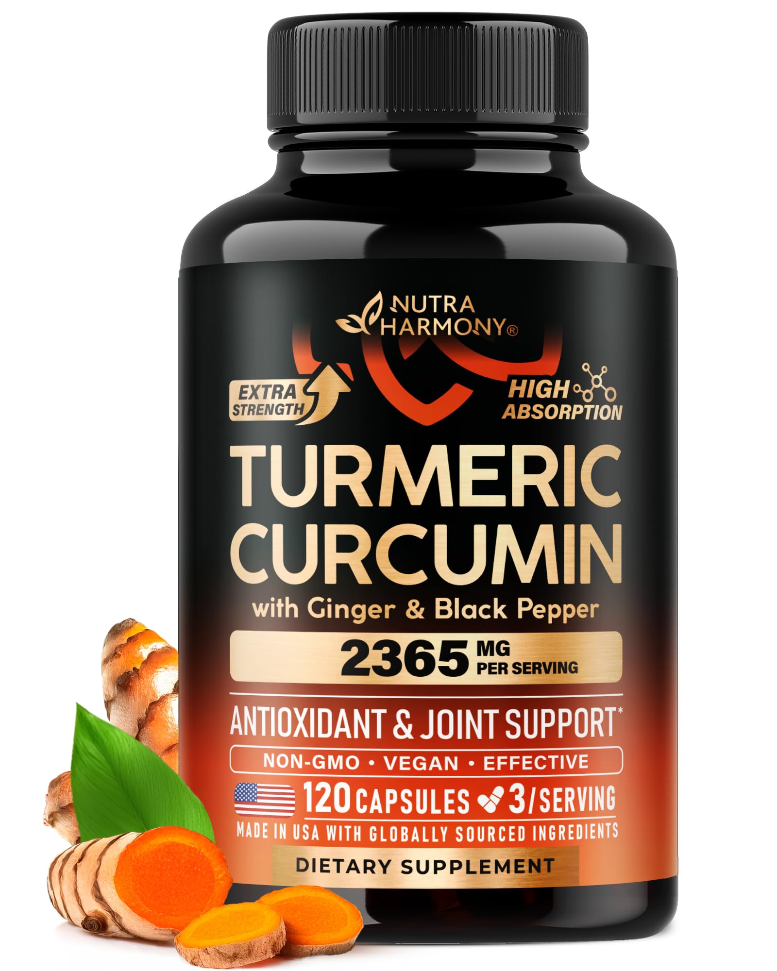 NUTRAHARMONY Turmeric Curcumin bottle label highlighting brand and premium blend for joint support.