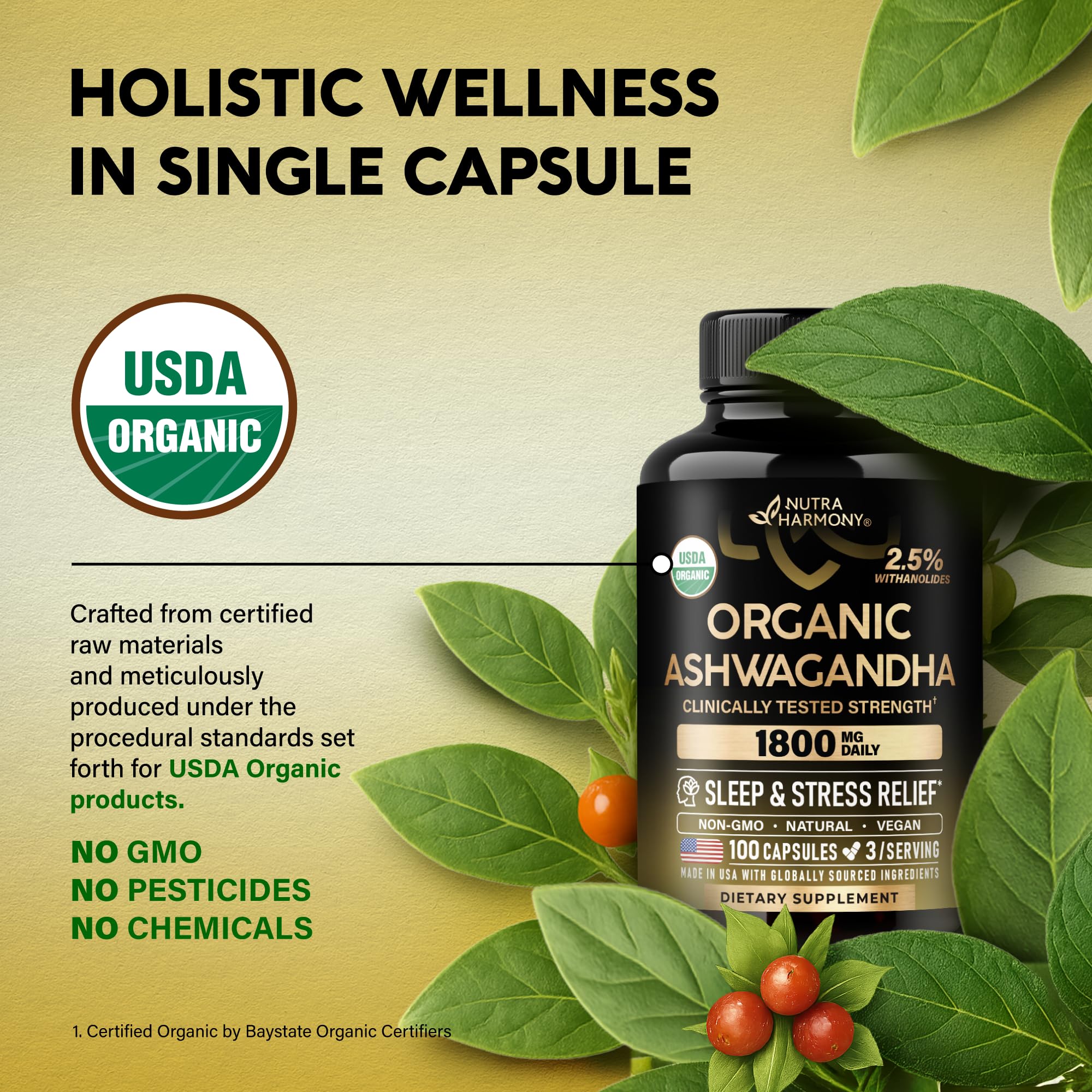 NutraHarmony Ashwagandha capsules close-up featuring 2.5% withanolides standardization.