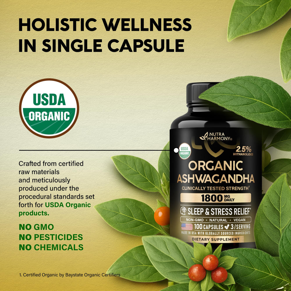 NutraHarmony Ashwagandha capsules close-up featuring 2.5% withanolides standardization.