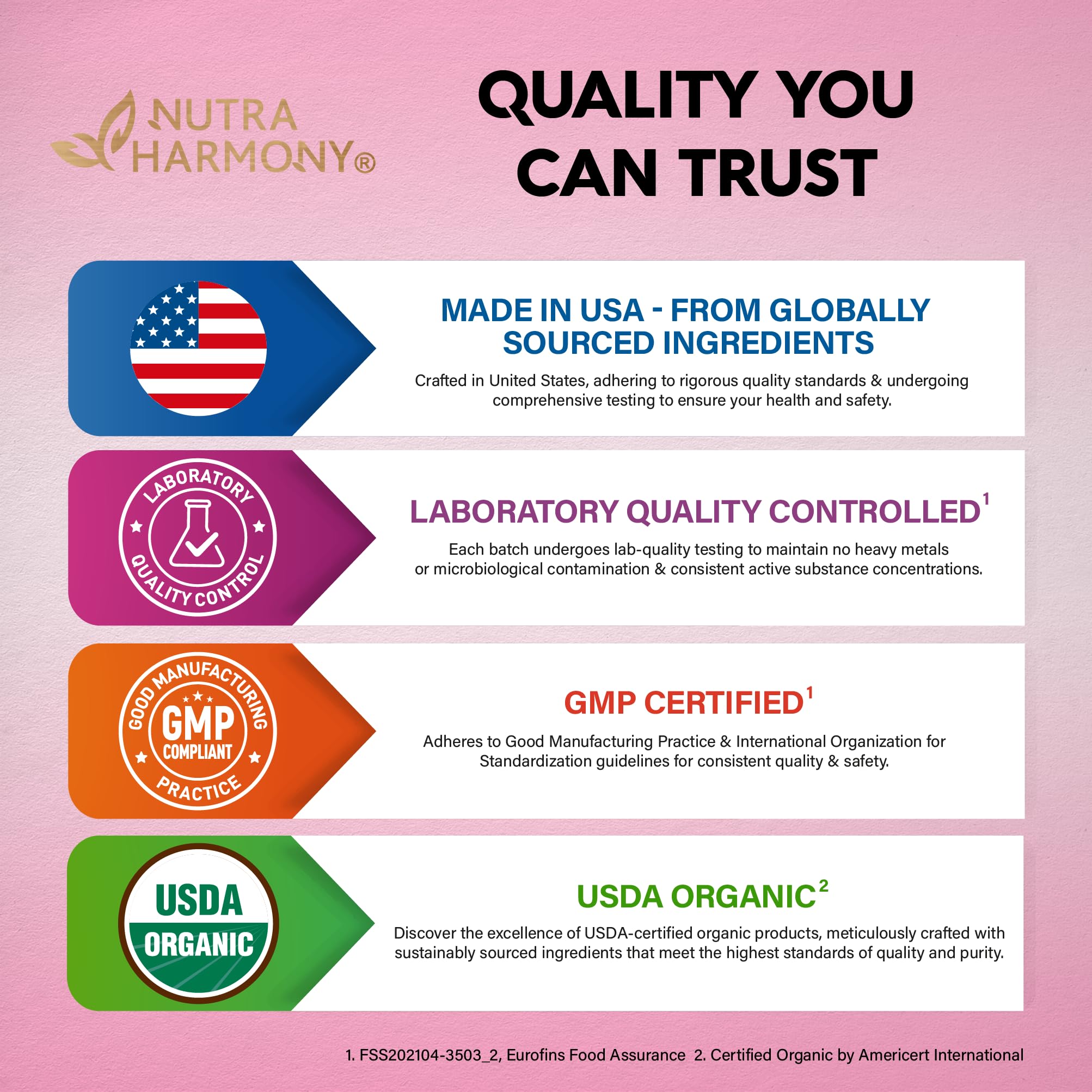 NUTRAHARMONY USA-made label signals quality and safety standards.