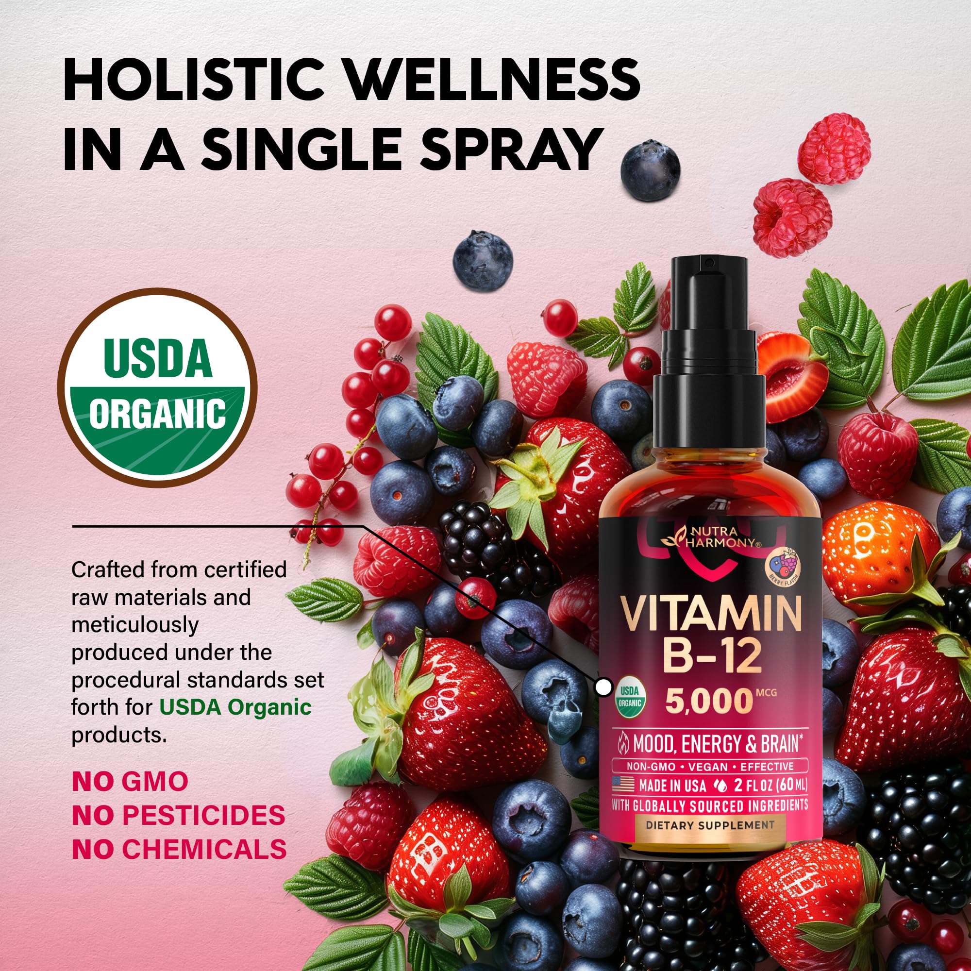 Nutraharmony vegan B12 liquid close-up with berry flavor.