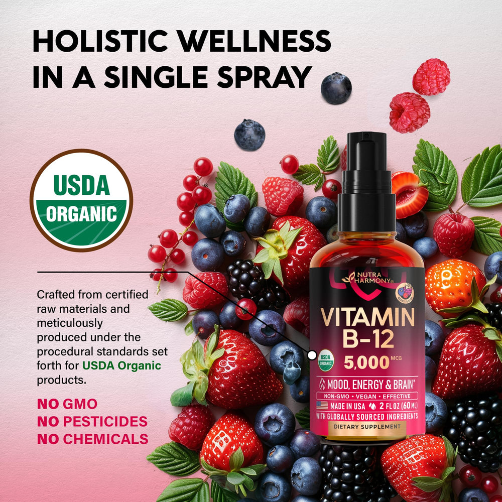 Nutraharmony vegan B12 liquid close-up with berry flavor.