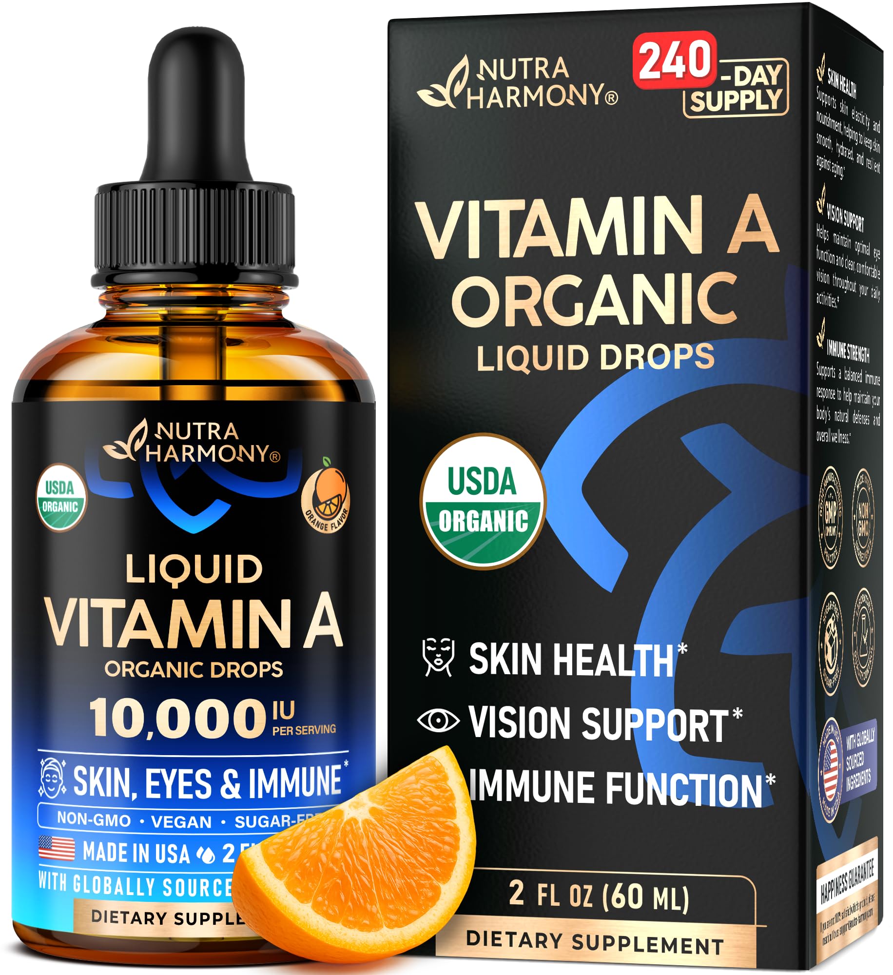 NutraHarmony Vitamin A Drops bottle highlights organic formula for daily skin and eye care.