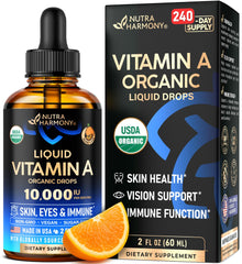 NutraHarmony Vitamin A Drops bottle highlights organic formula for daily skin and eye care.