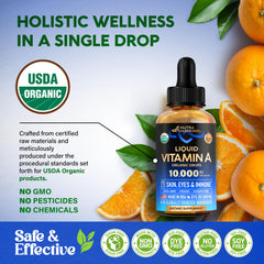 NutraHarmony Vitamin A Drops orange flavor label emphasizes USDA Organic status.