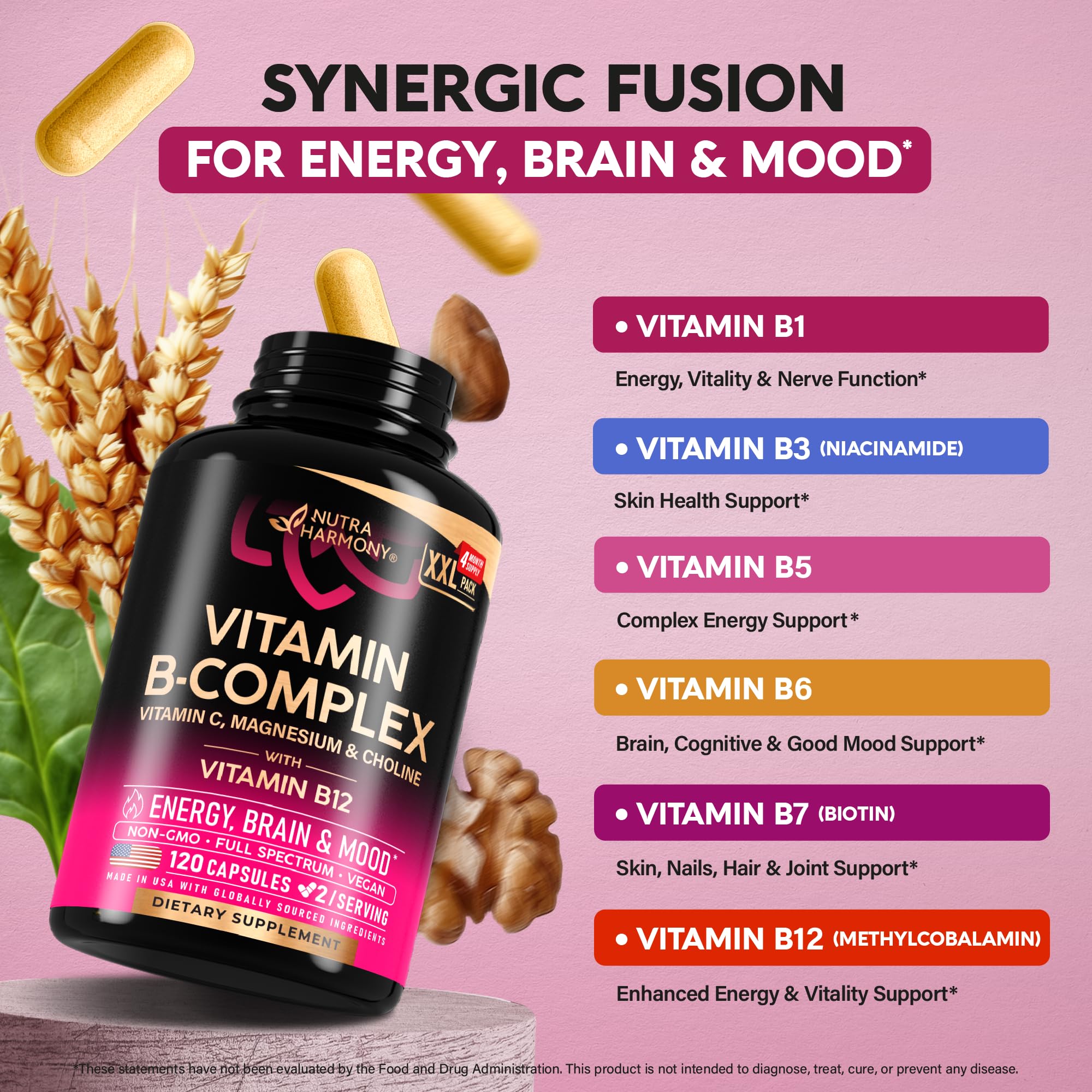 NutraHarmony Vitamin B Complex bottle with pour to illustrate daily-use convenience