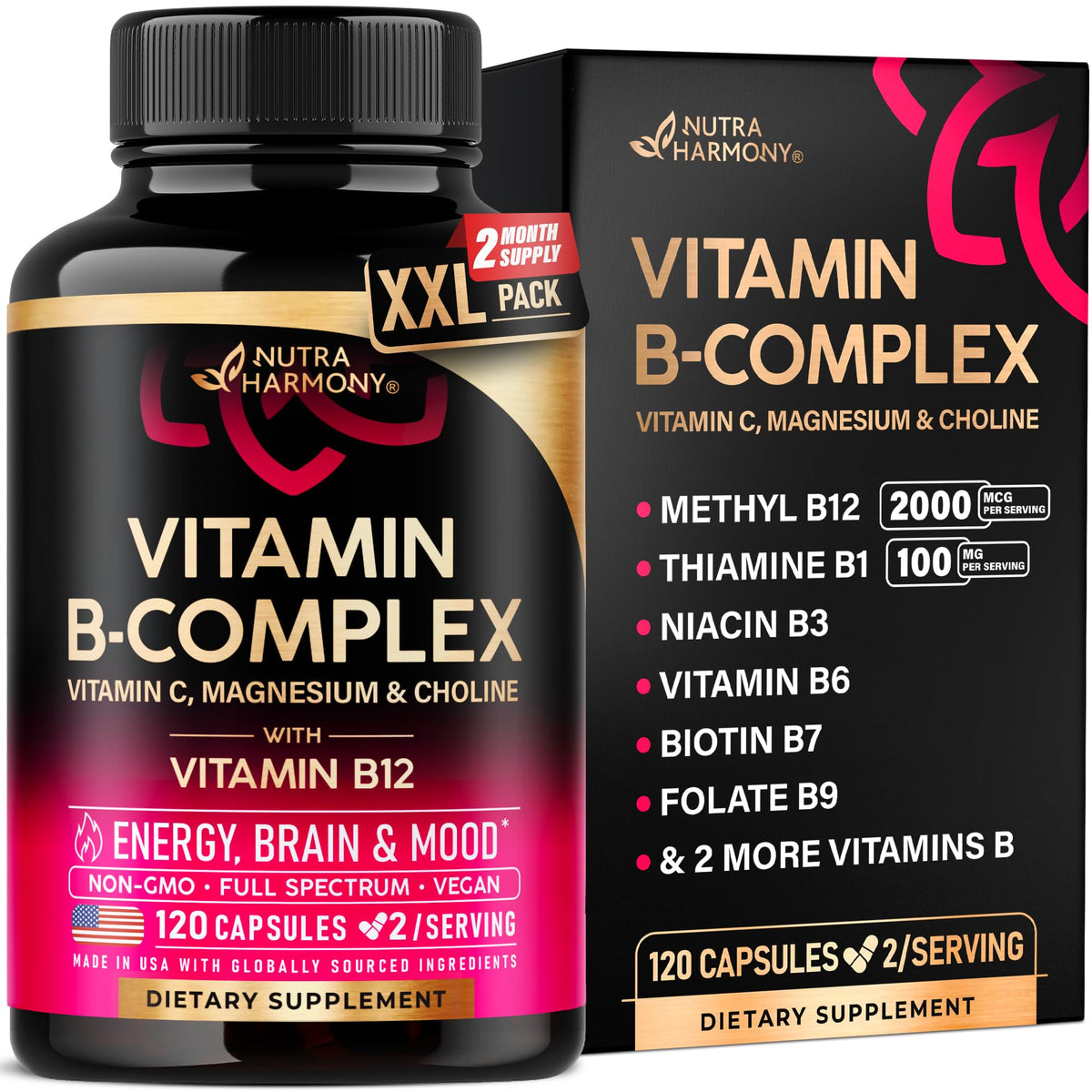 NutraHarmony Vitamin B Complex bottle with capsules for daily energy support