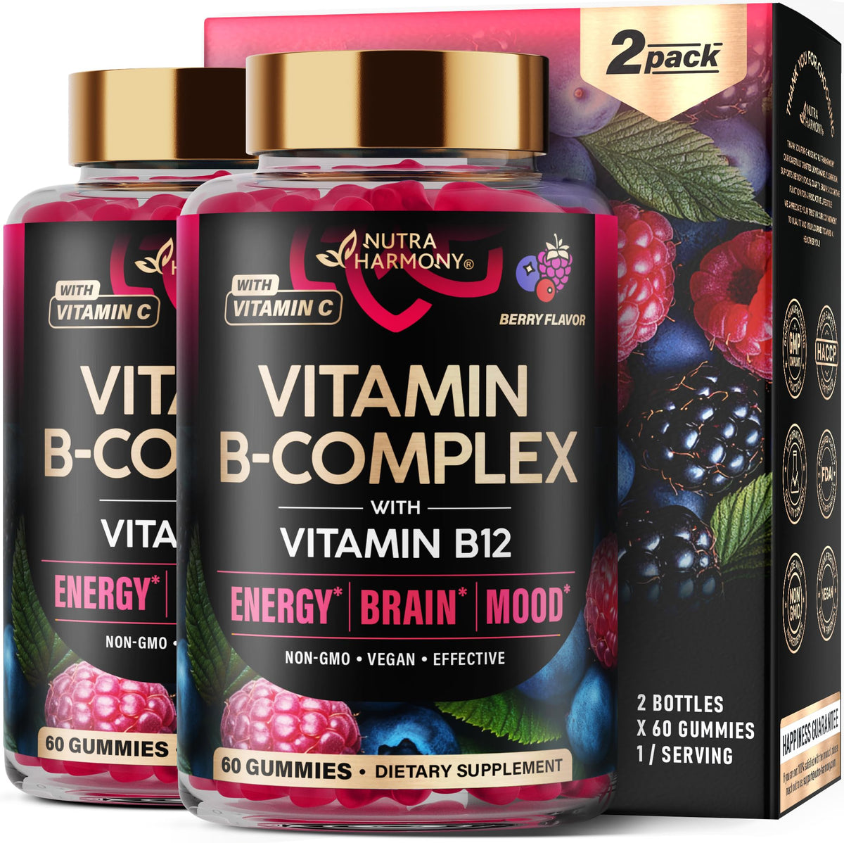 NUTRAHARMONY Vitamin B-Complex Gummies berry bottle provides tasty energy support for daily routines.