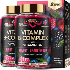 NUTRAHARMONY Vitamin B-Complex Gummies berry bottle provides tasty energy support for daily routines.