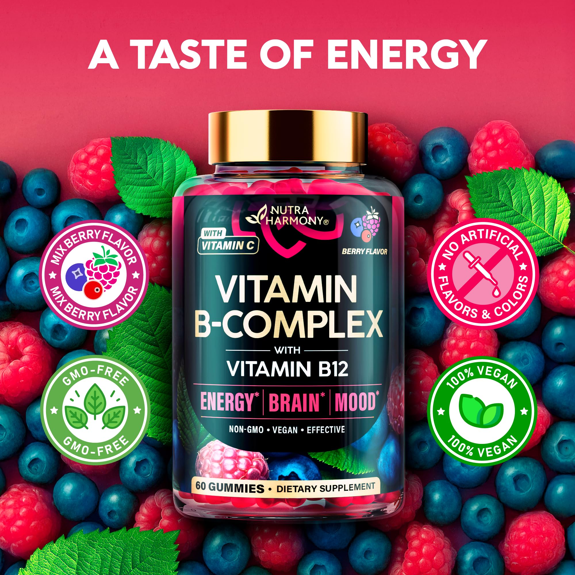 NUTRAHARMONY Vitamin B-Complex Gummies lab-tested-non-gmo seal assures quality you can trust.