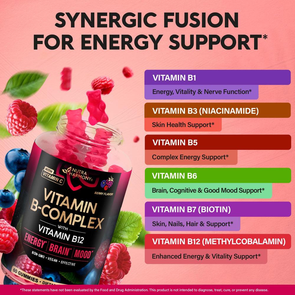 NUTRAHARMONY Vitamin B-Complex Gummies mood-balance sachet shows emotional well-being on busy days.