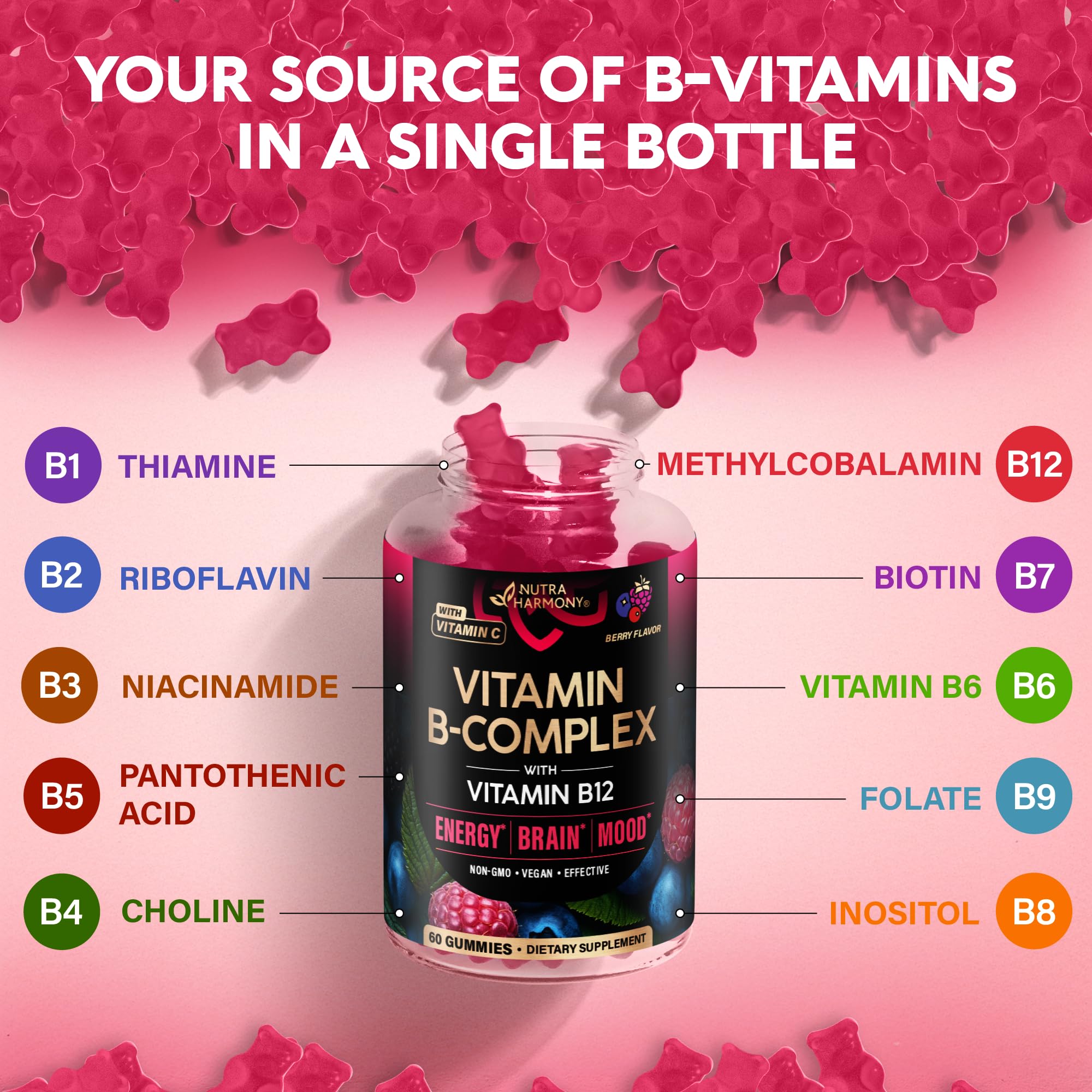 NUTRAHARMONY Vitamin B-Complex Gummies vegan-glutenfree badge emphasizes inclusive wellness.