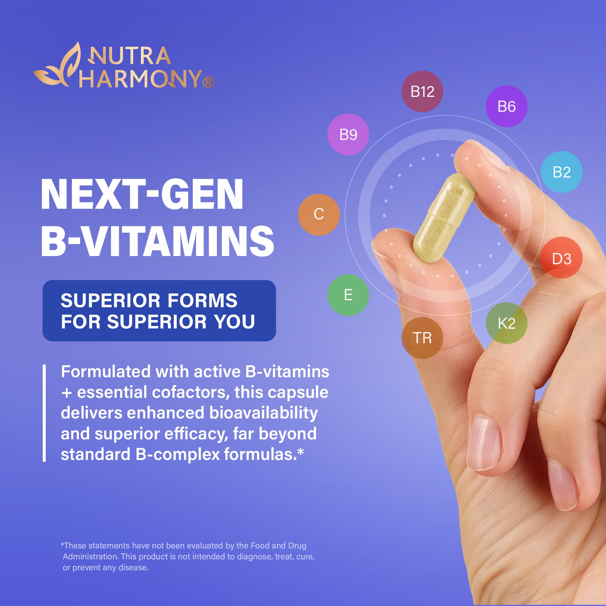 NUTRAHARMONY Vitamin B Complex made-in-USA stamp on bottle