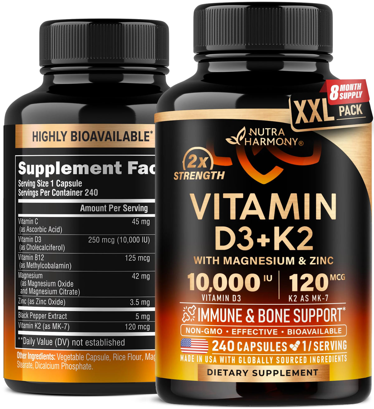 NUTRAHARMONY Vitamin D3+K2 bottle close-up highlighting bone support potential