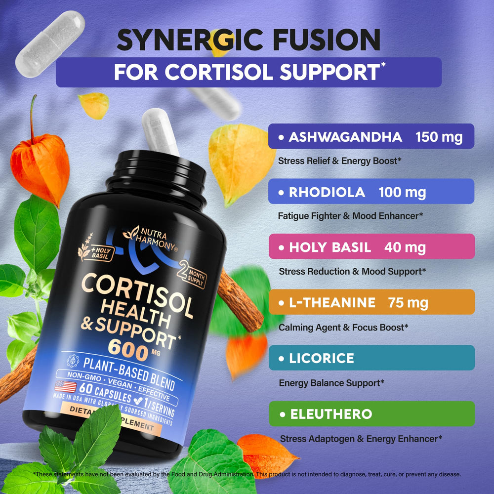 NutraHarmony vitamins and minerals bottle shows Vitamin C, B6, B12, Magnesium for daily energy
