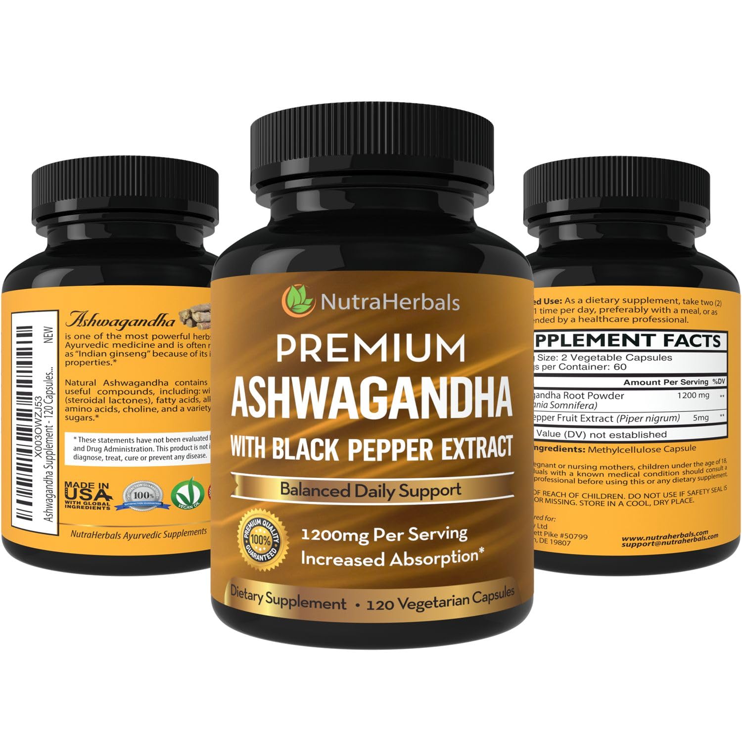 NutraHerbals Ashwagandha bottle on wooden surface ready for routine use