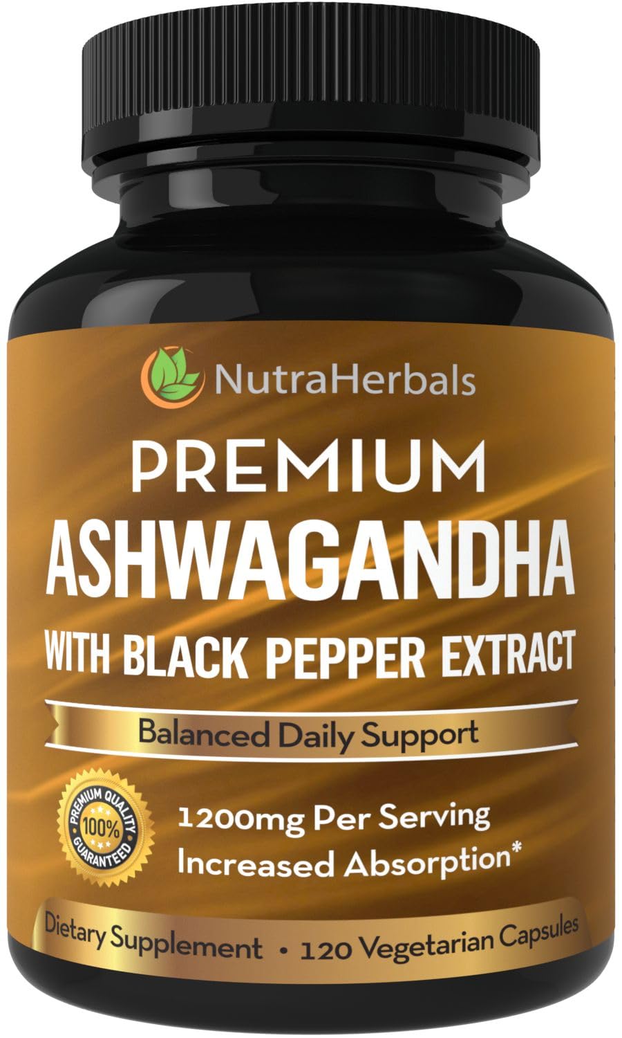 NutraHerbals Ashwagandha bottle showing premium 1200 mg formula with black pepper for absorption