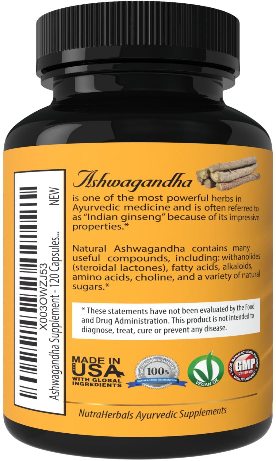 NutraHerbals Ashwagandha label closeup emphasizing GMP quality and pure root powder
