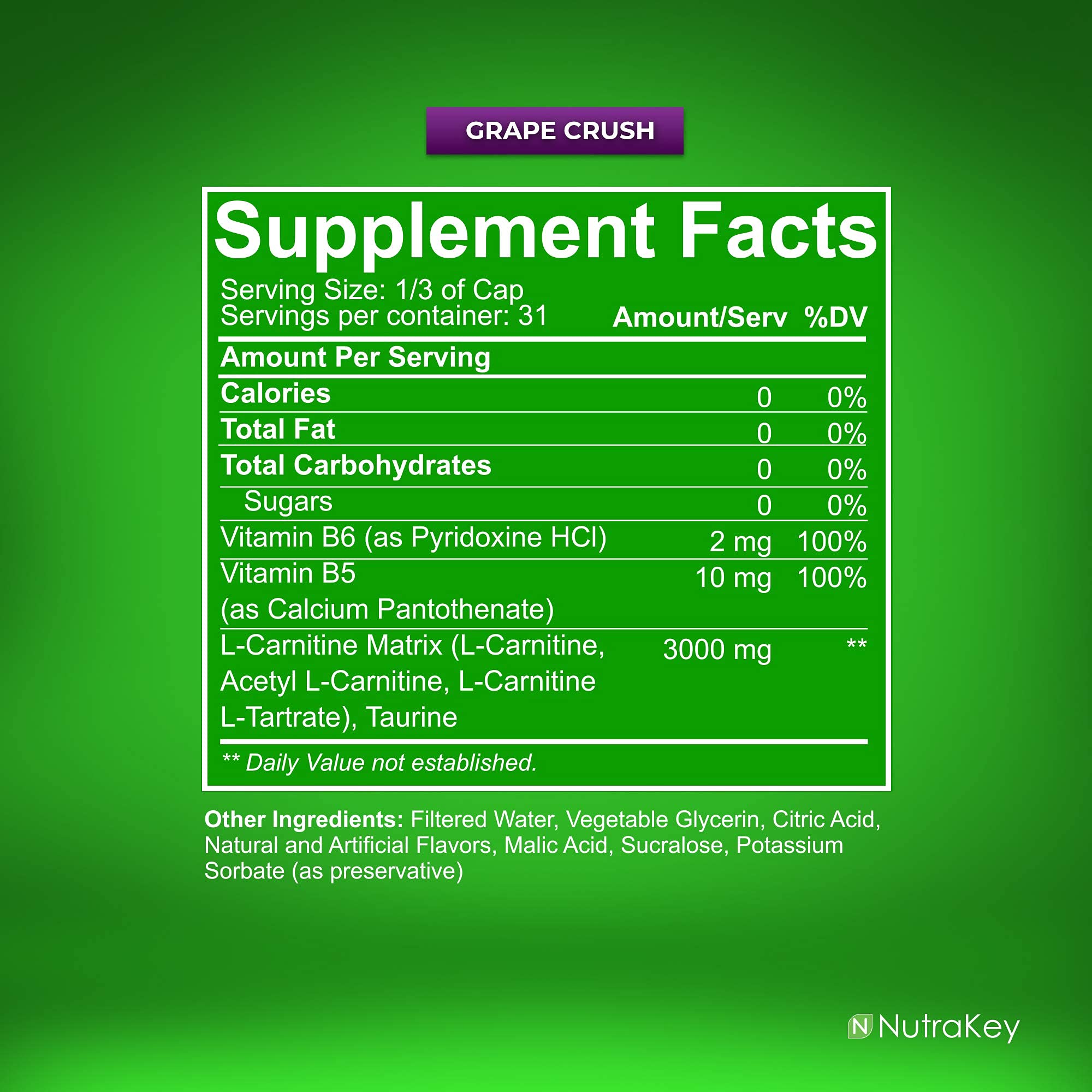 NutraKey L-Carnitine bottle label showing sugar-free formula