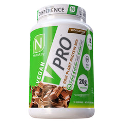 NutraKey V-Pro chocolate protein powder bag, vegan and organic.