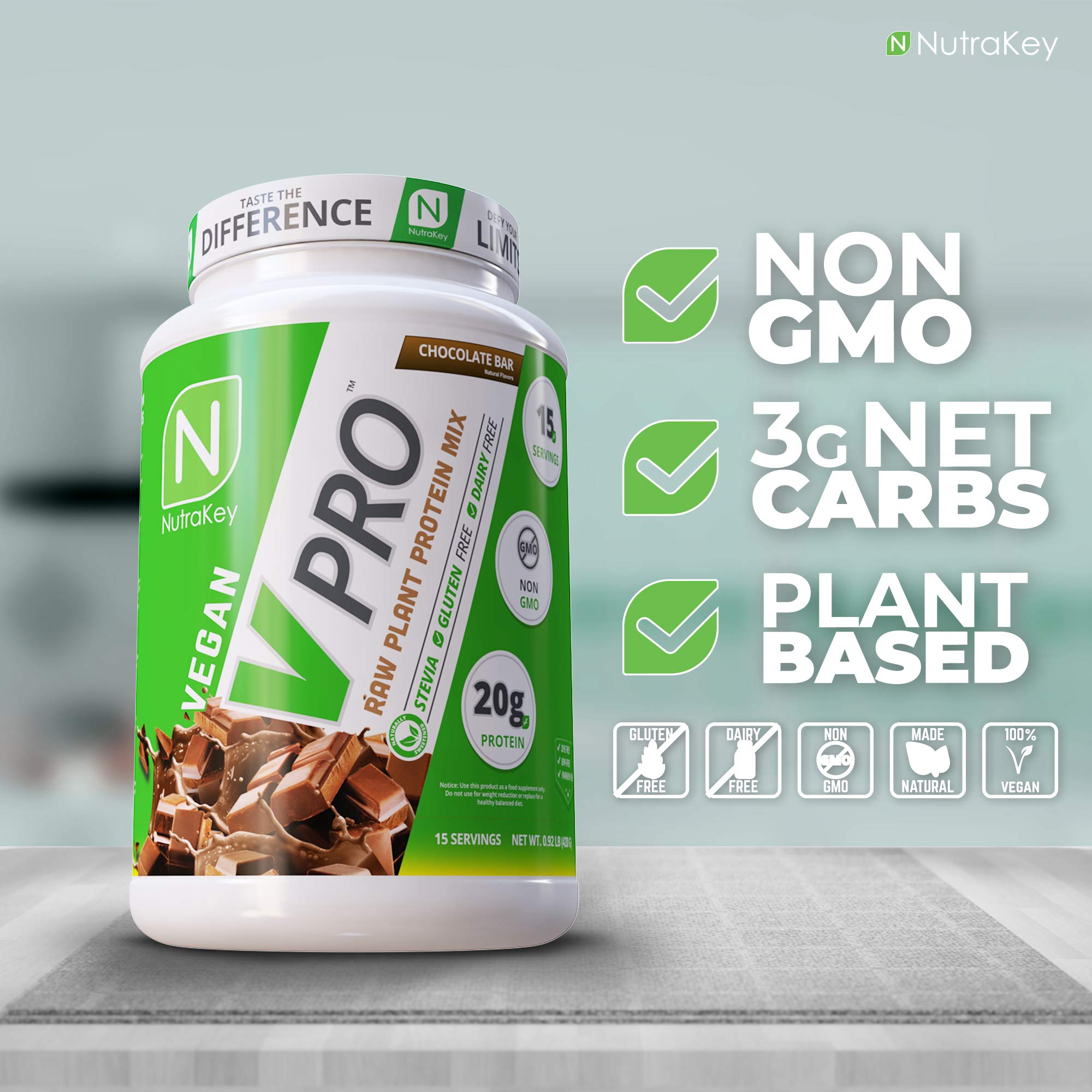 NutraKey V-Pro chocolate shake glass with creamy vegan protein.