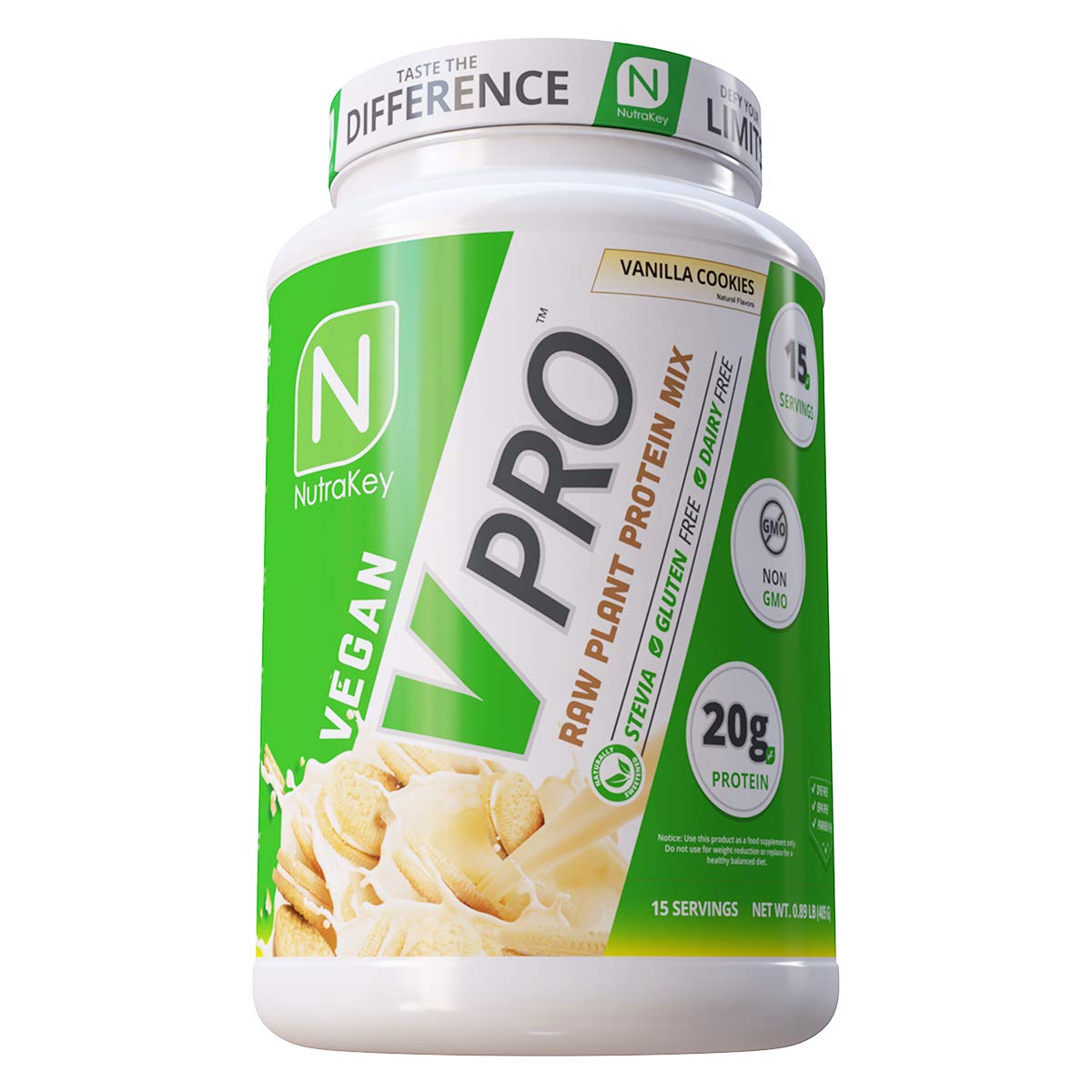 NutraKey V-Pro packaging front showing organic vegan protein powder for clean nutrition.