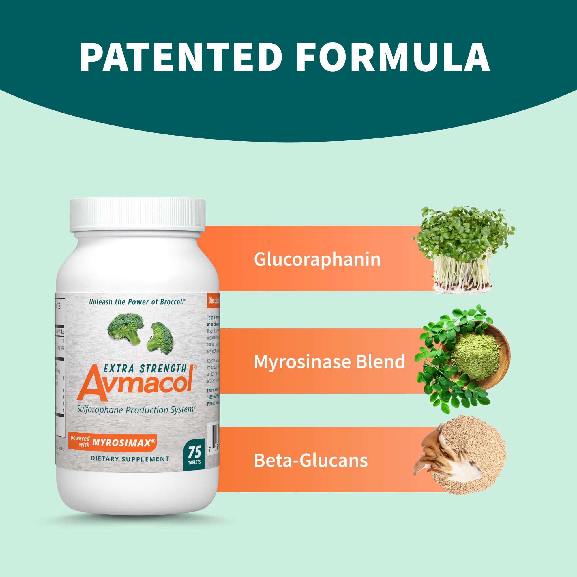 Nutramax Avmacol bottle label close-up emphasizes sulforaphane-producing formula.