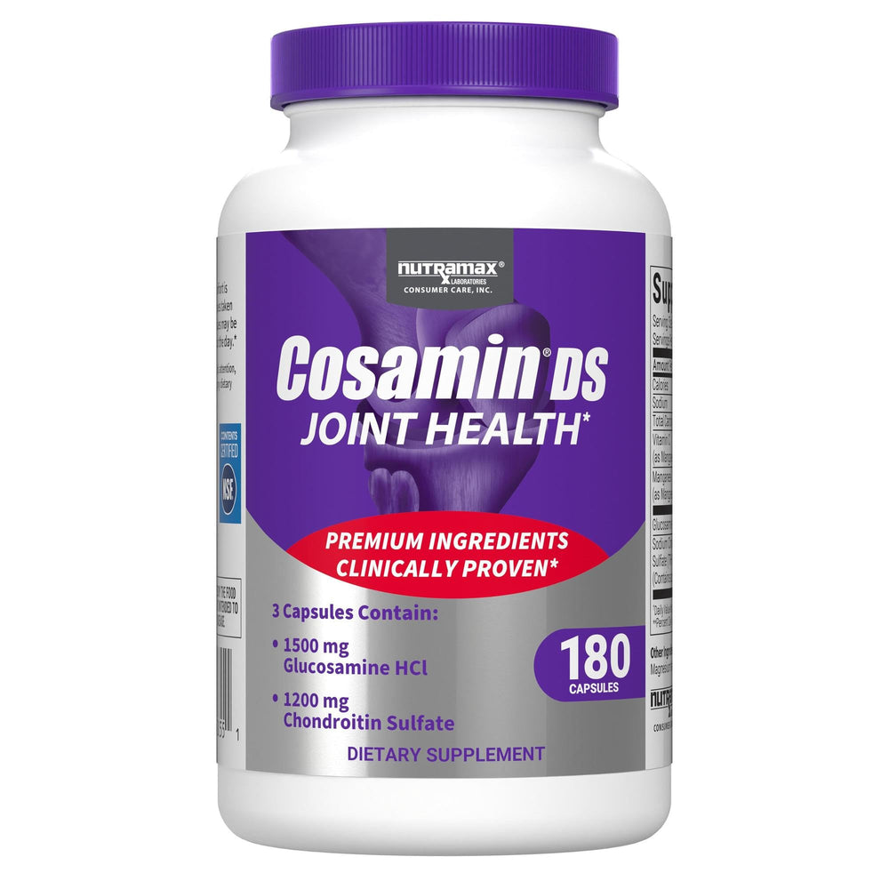 Nutramax Cosamin DS bottle label with glucosamine and chondroitin for joint support.