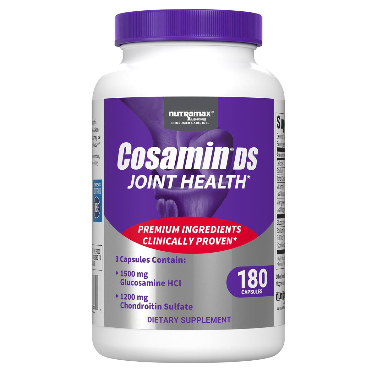 Nutramax Cosamin DS bottle label with glucosamine and chondroitin for joint support.