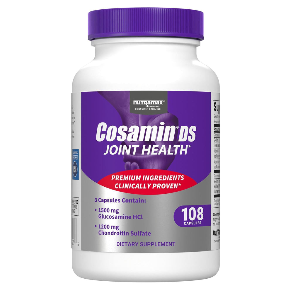 Nutramax Cosamin DS bottle label shown for joint support and quality.