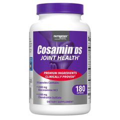 Nutramax Cosamin DS bottle label with glucosamine and chondroitin for joint support.