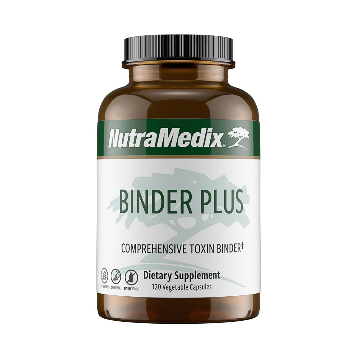 NutraMedix Binder Plus bottle with capsules for daily detox support.