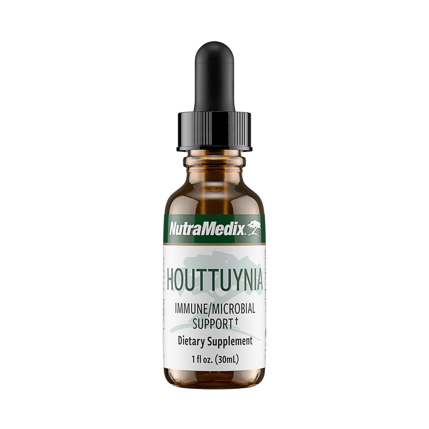 NutraMedix Houttuynia bottle pour shows easy daily tincture usage for gut and immune support.
