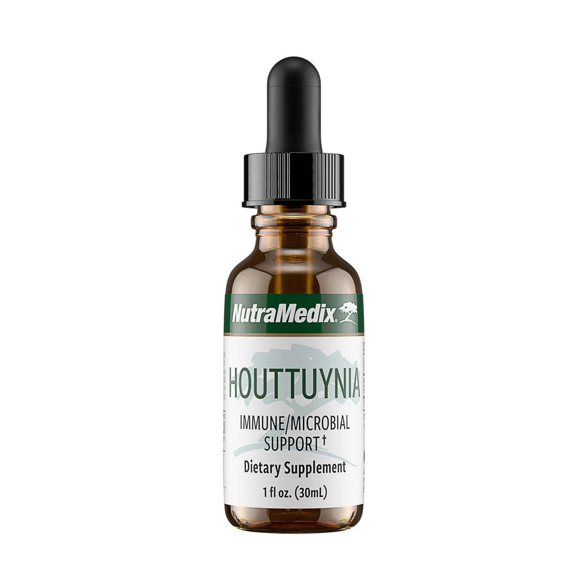 NutraMedix Houttuynia bottle pour shows easy daily tincture usage for gut and immune support.