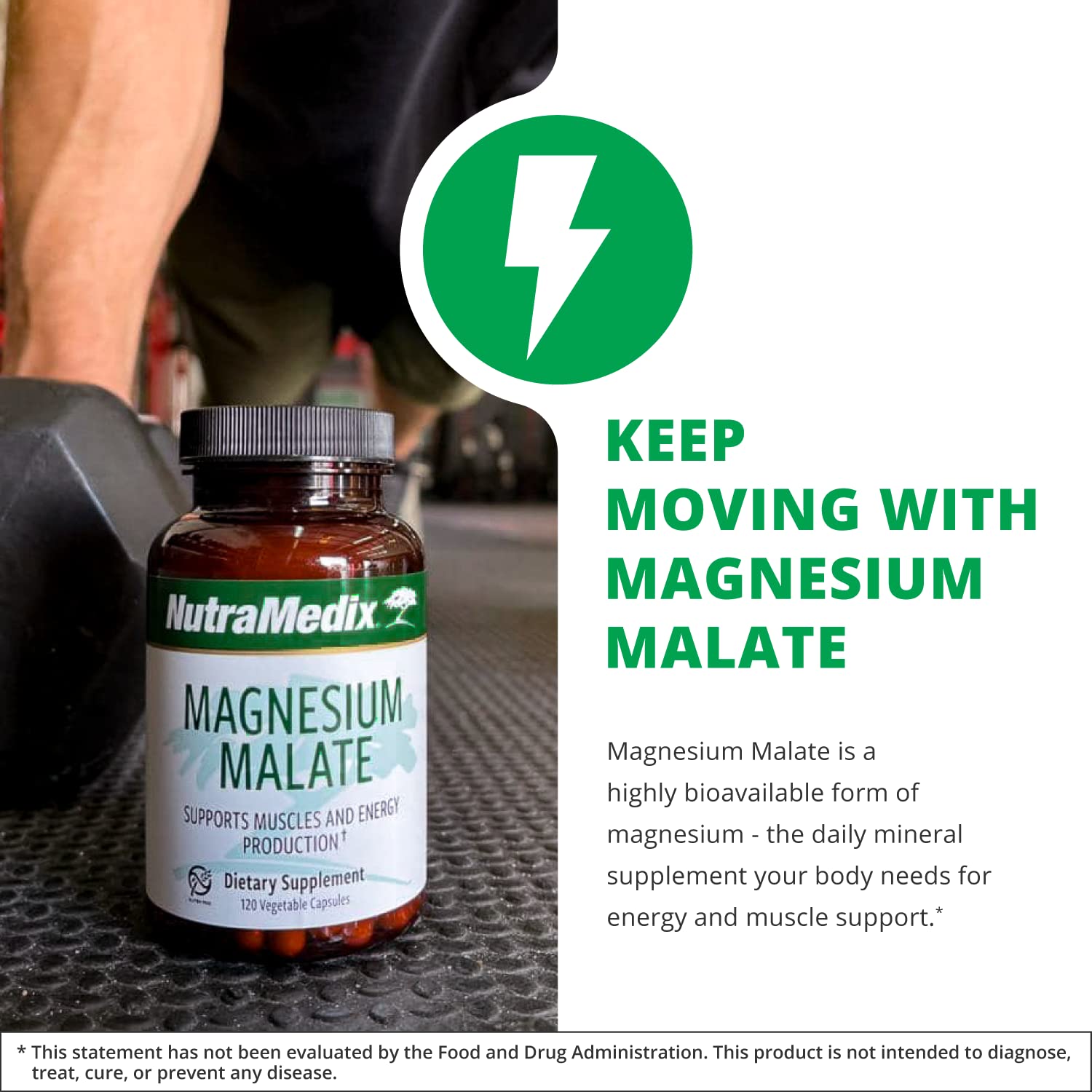 NutraMedix Magnesium Malate bottle label emphasizes vegan non-GMO gluten-free formulation.