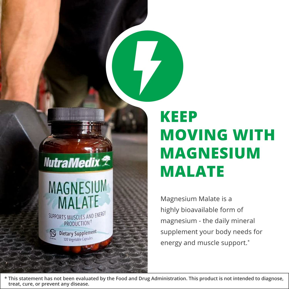 NutraMedix Magnesium Malate bottle label emphasizes vegan non-GMO gluten-free formulation.