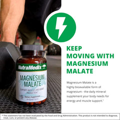 NutraMedix Magnesium Malate bottle label emphasizes vegan non-GMO gluten-free formulation.
