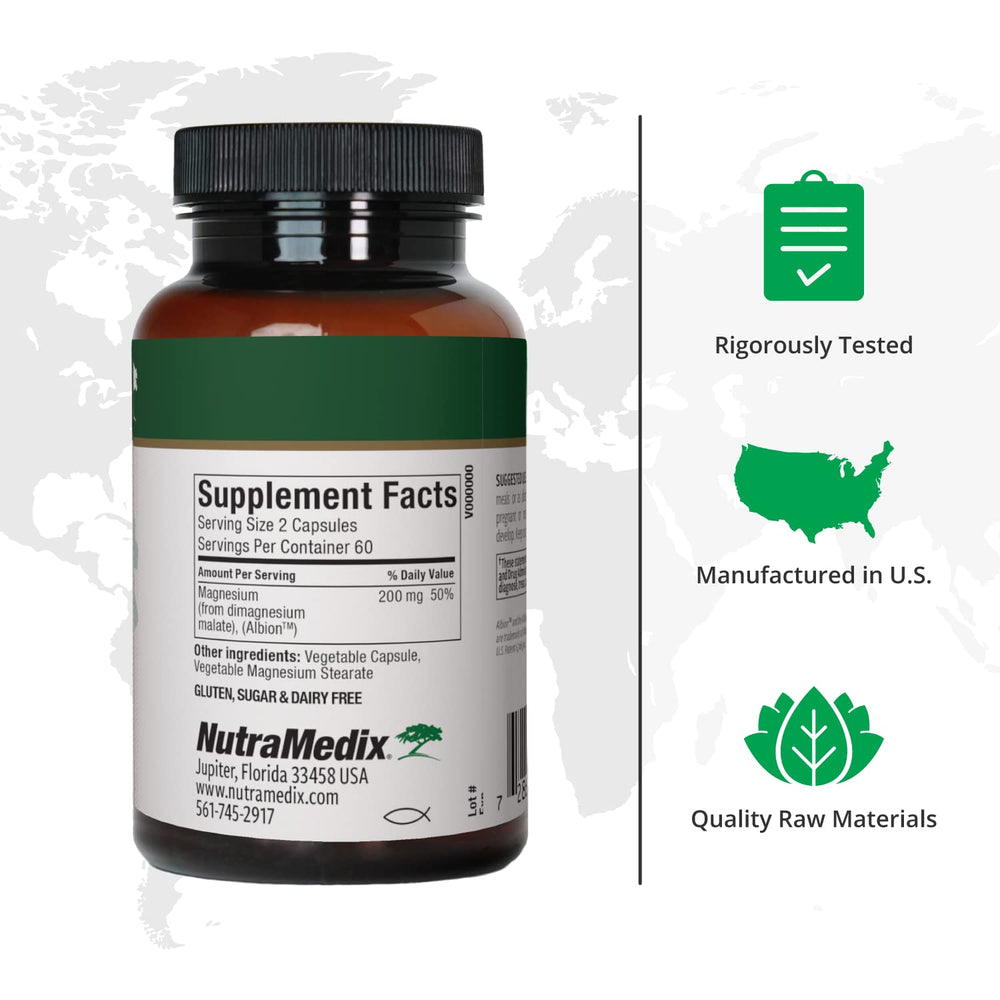 NutraMedix Magnesium Malate capsules closeup highlights convenient vegan capsules for daily mineral intake.