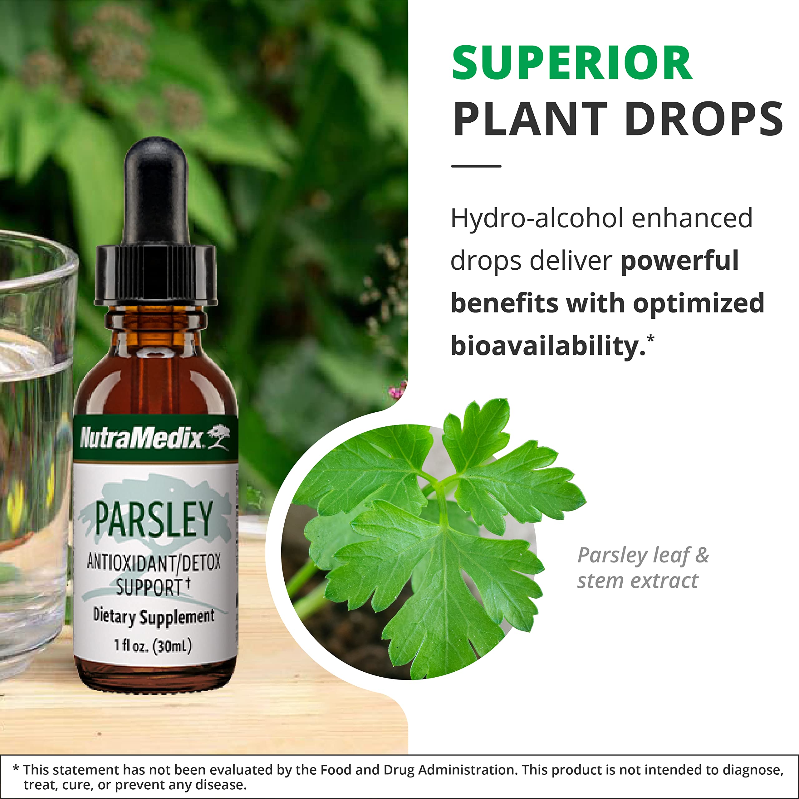 NutraMedix Parsley bottle beside a glass of water for a detox routine.