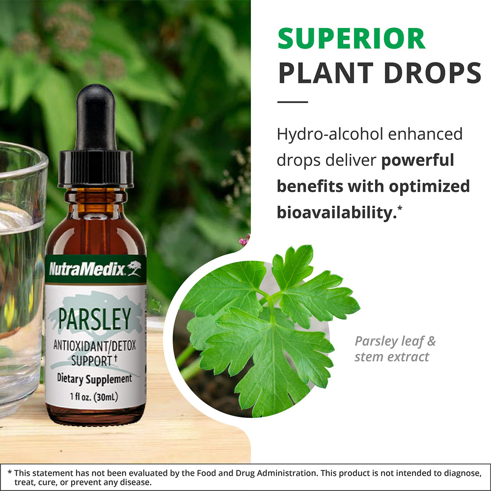 NutraMedix Parsley bottle beside a glass of water for a detox routine.