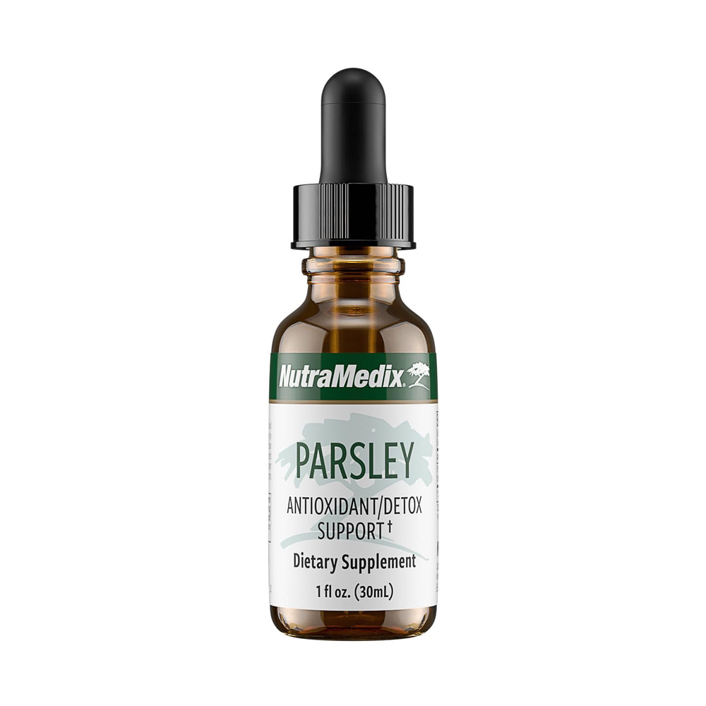 NutraMedix Parsley liquid bottle pouring for easy daily detox support.