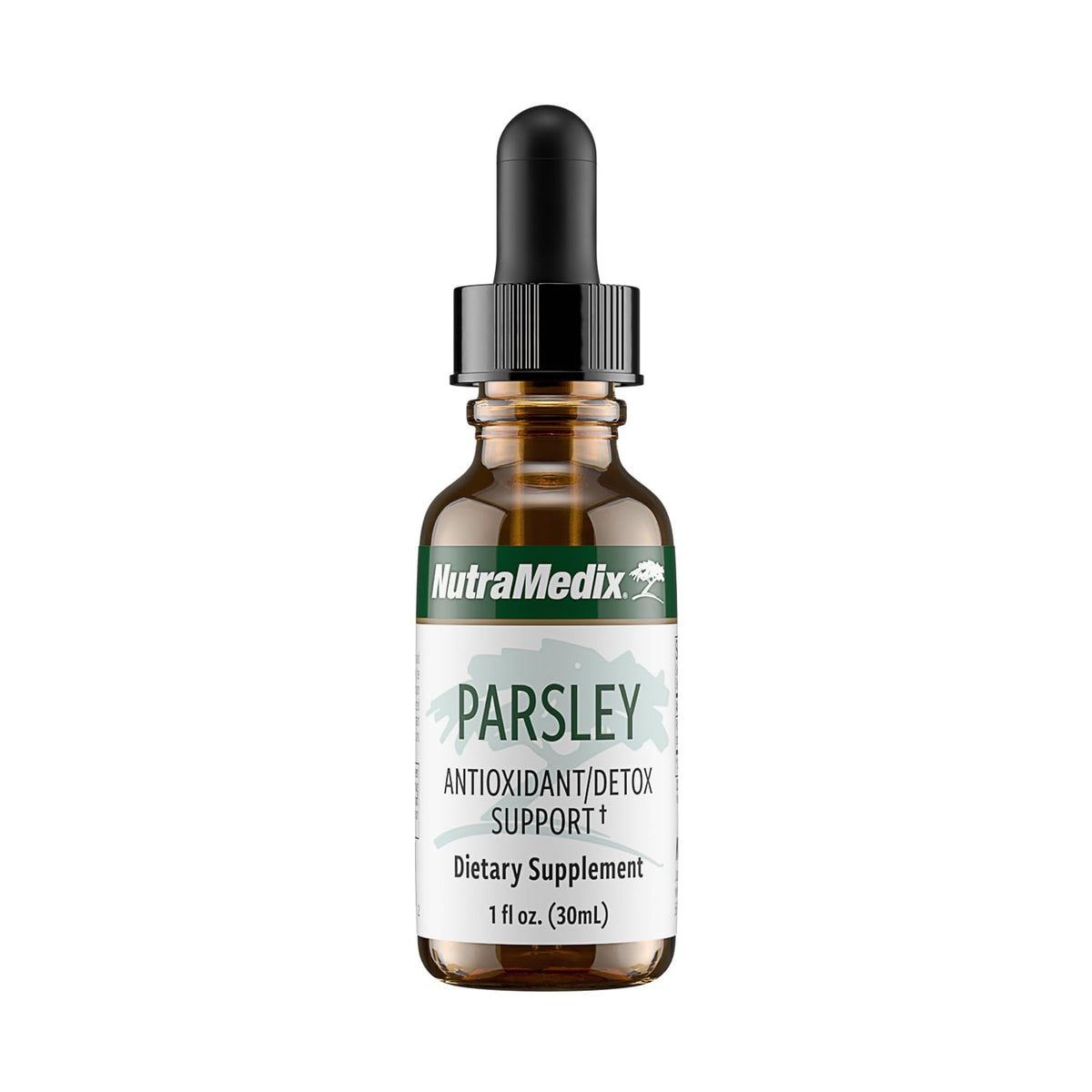 NutraMedix Parsley liquid bottle pouring for easy daily detox support.