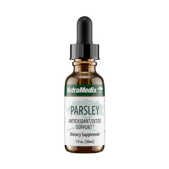 NutraMedix Parsley liquid bottle pouring for easy daily detox support.