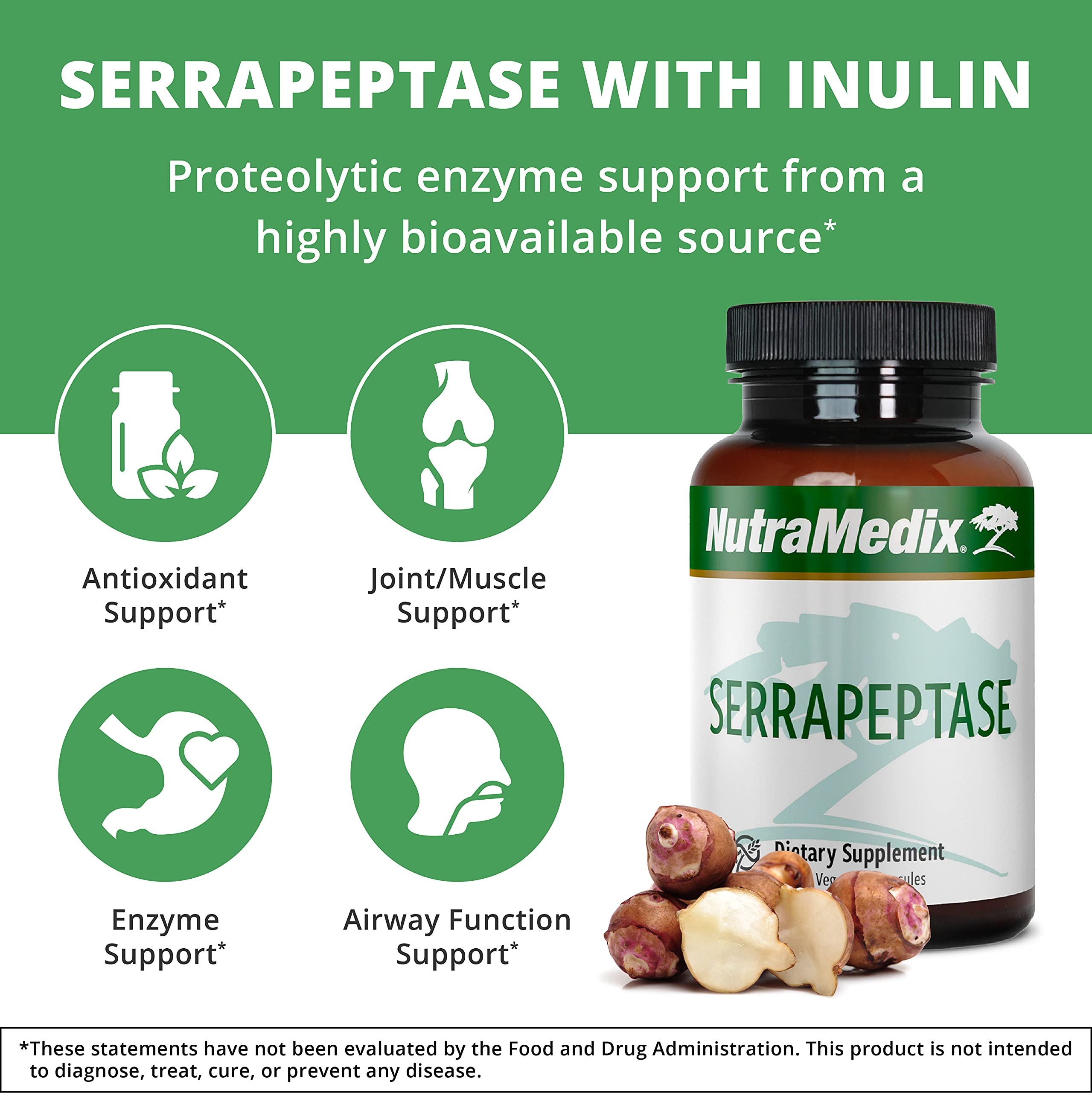 NutraMedix Serrapeptase bottle side view emphasizing room-temperature storage.